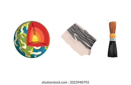 Geological Mining Industry Symbols Set, Earth Structure with Layers Cartoon Vector Illustration