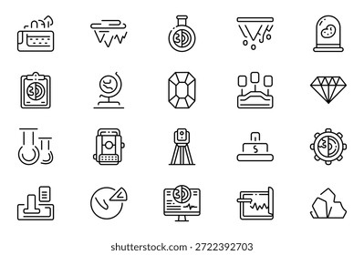 Conjunto de iconos de contorno geológico. Conjunto de iconos relacionados con minería. Incluye tierra, geología, minería, tierra y más. Paquete de iconos de contorno delgado. Ilustración vectorial