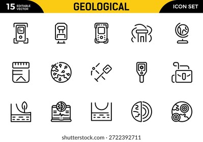 Symbolsatz für geologische Gliederung. Mining-Symbolsatz. Einschließlich Boden, Geologie, Bergbau, Erde und mehr.Dünne Umrisssymbole Paket. Vektorgrafik