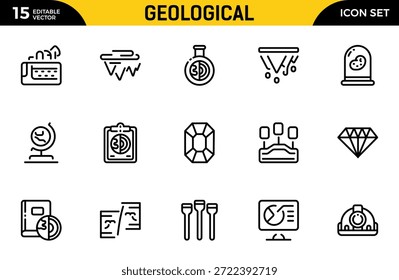 Conjunto de iconos de contorno geológico. Conjunto de iconos relacionados con minería. Incluye tierra, geología, minería, tierra y más. Paquete de iconos de contorno delgado. Ilustración vectorial