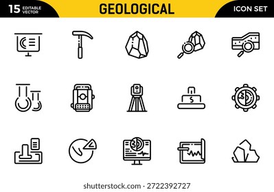 Conjunto de iconos de contorno geológico. Conjunto de iconos relacionados con minería. Incluye tierra, geología, minería, tierra y más. Paquete de iconos de contorno delgado. Ilustración vectorial
