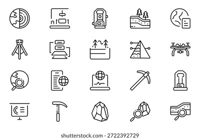Conjunto de iconos de contorno geológico. Conjunto de iconos relacionados con minería. Incluye tierra, geología, minería, tierra y más. Paquete de iconos de contorno delgado. Ilustración vectorial