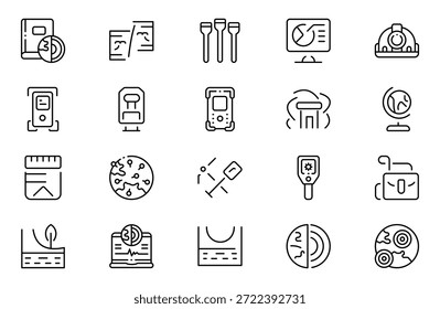 Conjunto de iconos de contorno geológico. Conjunto de iconos relacionados con minería. Incluye tierra, geología, minería, tierra y más. Paquete de iconos de contorno delgado. Ilustración vectorial