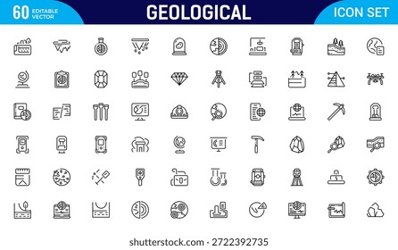 Conjunto de iconos de contorno geológico. Conjunto de iconos relacionados con minería. Incluye tierra, geología, minería, tierra y más. Paquete de iconos de contorno delgado. Ilustración vectorial