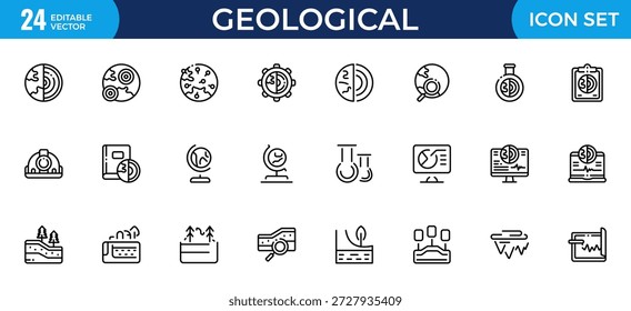 Conjunto de iconos de contorno geológico, minería y iconos de vectores de línea fina de la tierra