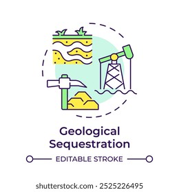 Geologische Sequestrierung mehrfarbiges Konzeptsymbol. Ölförderung, CO2-Abscheidung. Landwirtschaft, Umwelt. Runde Liniendarstellung. Abstrakte Idee. Grafikdesign. Benutzerfreundliche Infografik