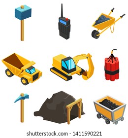 Geological Set of Vector Icons. Outfit a miner. Resources Mining. Islated on White Background. Mining Fossil Set. Images of mining equipment. Geological Set of Vector Icons. 