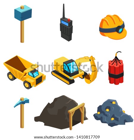 Geological Set of Vector Icons. Outfit a miner. Resources Mining. Islated on White Background. Mining Fossil Set. Images of mining equipment. Geological Set of Vector Icons. 