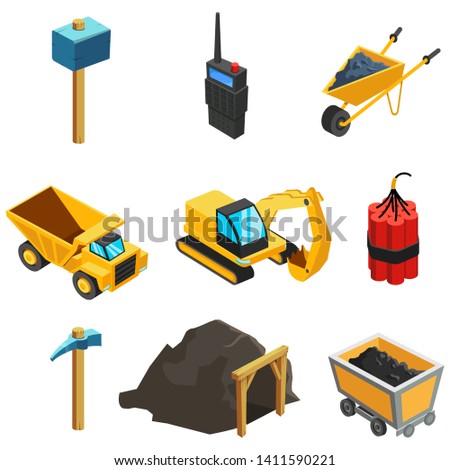 Geological Set of Vector Icons. Outfit a miner. Resources Mining. Islated on White Background. Mining Fossil Set. Images of mining equipment. Geological Set of Vector Icons. 