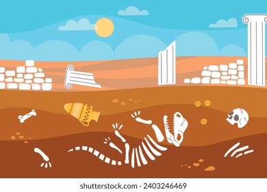 Geological soil layers. Archeology excavations, dinosaur bones skeleton in ground, ancient artifacts, vases and coins, vector illustration.eps
