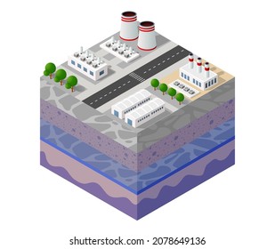 Geological soil layers and underground landscape beneath, isometric nature slice