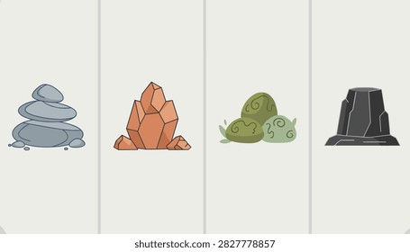 Geological stone types graphic presenting zen stack, orange mineral crystals, mossy rocks, and black basalt rock column.