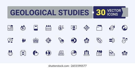 Estudios Geológicos colección lineal de iconos. Relacionado con la tierra, geología, geografía, tierra. Conjunto de iconos relacionados con la geología. Iconos lineales modernos. Arte vectorial e ilustración editables.