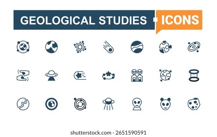 Geological Studies coleção de ícones lineares. Relacionados com a terra, geologia, geografia, terra. Conjunto de ícones relacionados à geologia. Ícones lineares modernos. Arte vetorial e ilustração editáveis.