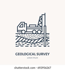 Geological Survey, Engineering Vector Flat Line Icon. Geodesy Equipment. Geology Research, Taking Soil Sample Illustration. Well Drilling Service Signs.