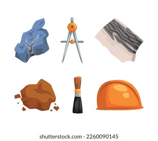 Geological Tool and Symbols with Hard Hat, Brush, Compasses and Mineral Vector Set