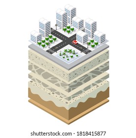 Geological and underground layers of soil under the isometric slice of the natural landscape