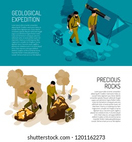 Geologist 2 isometric horizontal background banners with expedition fieldwork gear and rocks minerals testing kit vector illustration 