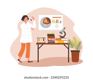 Geologist analyzing soil levels and composition. Scientist woman in white coat work in laboratory with microscope, infographics samples structure cartoon vector illustration on beige with potted plant