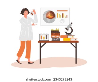 Geologist analyzing soil levels and composition. Scientist woman in white coat in laboratory with microscope, infographics, samples structure cartoon vector illustration isolated on white background