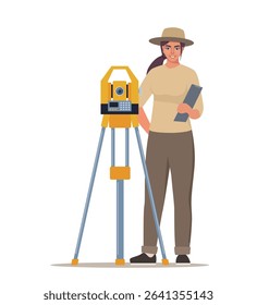 Geologist or Archaeologist Stand near Theodolite. Geological or Archaeological Expedition, Resource Mining, Discovery.