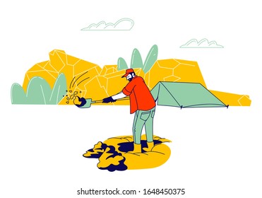 Geologist or Archeologist Scientist Working on Excavations with Professional Equipment, Digging Soil Layers with Shovel and Exploring Minerals Ore Samples. Cartoon Flat Vector Illustration, Line Art