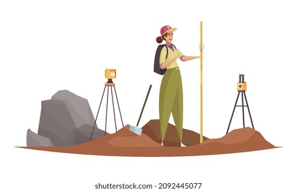 Composición geóloga con personaje femenino trabajando con brújulas de tránsito en la ilustración vectorial de trípode