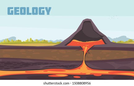 Geologist Composition With Flat Scenery And Profile View Of Underground Of The Volcano With Magma Flow Vector Illustration