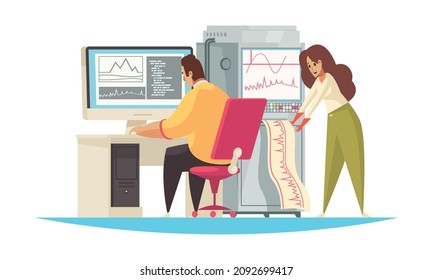 Geologist composition with geologists team printing sensor oscillograms on computer vector illustration