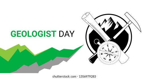 Geologist day card vector template. April professional holiday of geologists, geophysicists and geochemists. Elements for geological and mining organizations greeting card design.