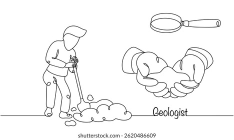 Geologe, der Boden gräbt und untersucht. Spezialist, der die Zusammensetzung, Struktur, Eigenschaften und Geschichte der Erde studiert. Einfache schwarz-weiße Vektorgrafik.