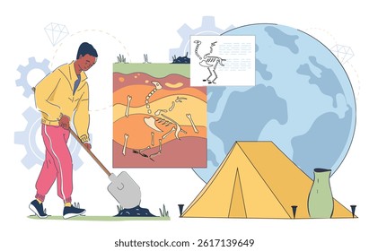 Geologist digs soil. Man with shovel digging ground. Archaeologist searches for dinosaur bones. Topography and geology, archeology. Scientific research. Linear vector illustration