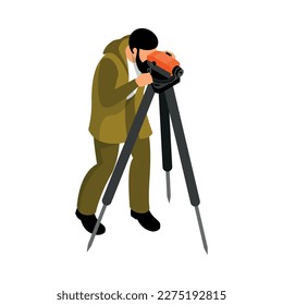 Geologist or engineer taking measures with theodolite isometric icon 3d vector illustration