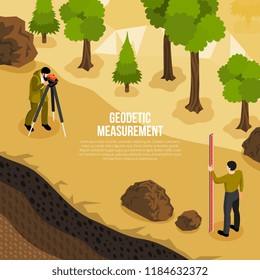 Geologist field work isometric composition with 2 men taking geodetic measurements of earth surface vector illustration 