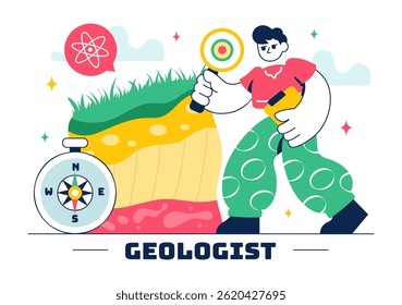 Geologist Illustration Featuring Soil Analysis and Earth's Surface Features for Scientific Research, Exploration, or Expedition in a Background