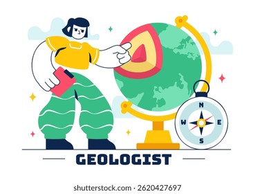 Ilustración de geólogo con análisis del suelo y características de la superficie de la Tierra para investigación científica, exploración o expedición en un fondo