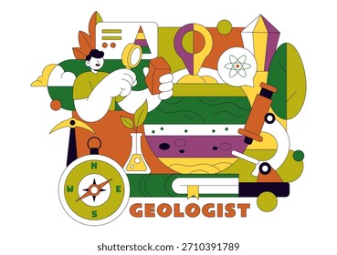 Geologendarstellung mit Bodenanalyse und Oberflächenmerkmalen für wissenschaftliche Forschung, Exploration oder Expedition im Hintergrund