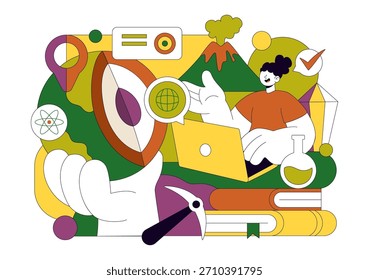Ilustración de geólogo con análisis del suelo y características de la superficie de la tierra para investigación científica, exploración o expedición en un fondo