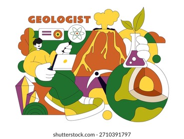 Geologendarstellung mit Bodenanalyse und Oberflächenmerkmalen für wissenschaftliche Forschung, Exploration oder Expedition im Hintergrund