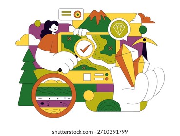 Ilustração de geólogo Apresentando Análise do Solo e Características da Superfície da Terra para Pesquisa Científica, Exploração ou Expedição em um Fundo
