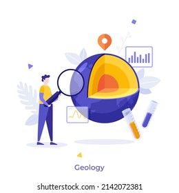 Geologist Looking At Layer Structure Of Planet Earth Through Magnifying Glass. Concept Of Geology, Geological Research, Science Or University Discipline. Modern Vector Illustration For Banner, Poster.