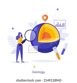 Geologist looking at layer structure of planet Earth through magnifying glass. Concept of geology, geological research, science or university discipline. Modern vector illustration for banner, poster.