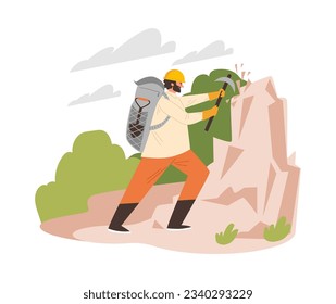 Geologist man crushes rock with special equipment flat style, vector illustration isolated on white background. Decorative design element, exploration process, science