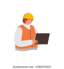 Geologist man in orange helmet and vest writes research data to the tablet vector illustration. Cartoon scientist employee, engineer with mobile device isolated on white background