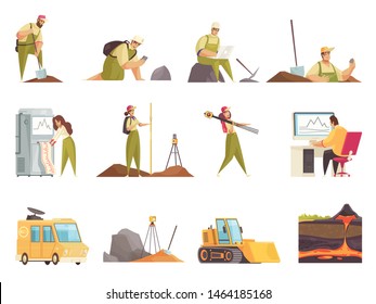 Geologist set of isolated flat doodle style icons and images with geology workers equipment and transport vector illustration