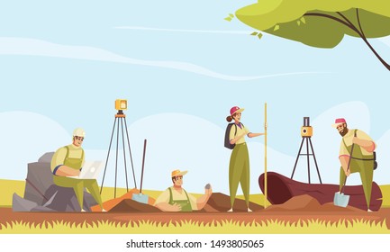 Geologist soil composition with group of flat doodle characters measuring digging ground in wild outdoor scenery vector illustration