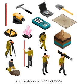 Geologist tools supplies gear accessories isometric icons set with minerals hardness kit map compass hammer vector illustration 