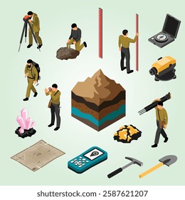 Geologist tools supplies gear accessories isometric icons set with minerals hardness kit map compass hammer vector illustration