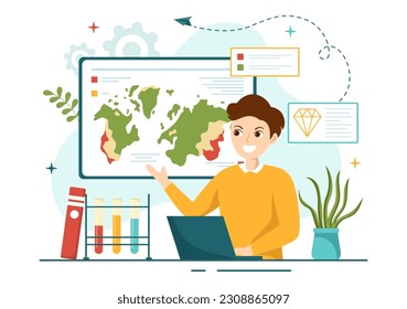 Ilustración del vector geólogo con análisis del suelo y características de la Tierra para ciencia, investigación o expedición en plantillas dibujadas a mano de dibujos planos