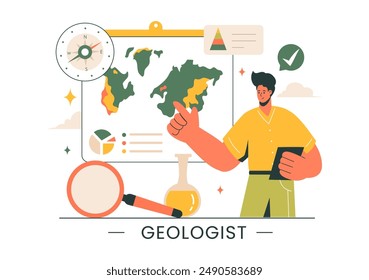 Geologistische Vektorillustration mit Bodenanalyse und Erdmerkmale für Wissenschaft, Forschung oder Expedition in flachen Cartoon-Handgezeichneter Hintergrund